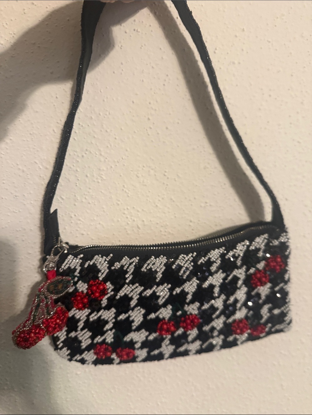 Beaded Black & White Houndstooth Clutch with Red Floral Accents